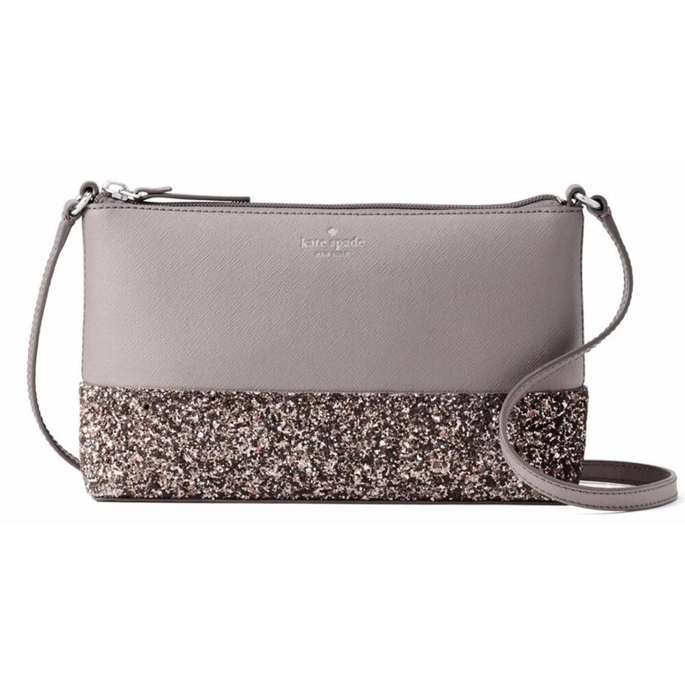 KATE SPADE NEW YORK Greta Glitter Crossbody Shoulder Purse Gray Bag New